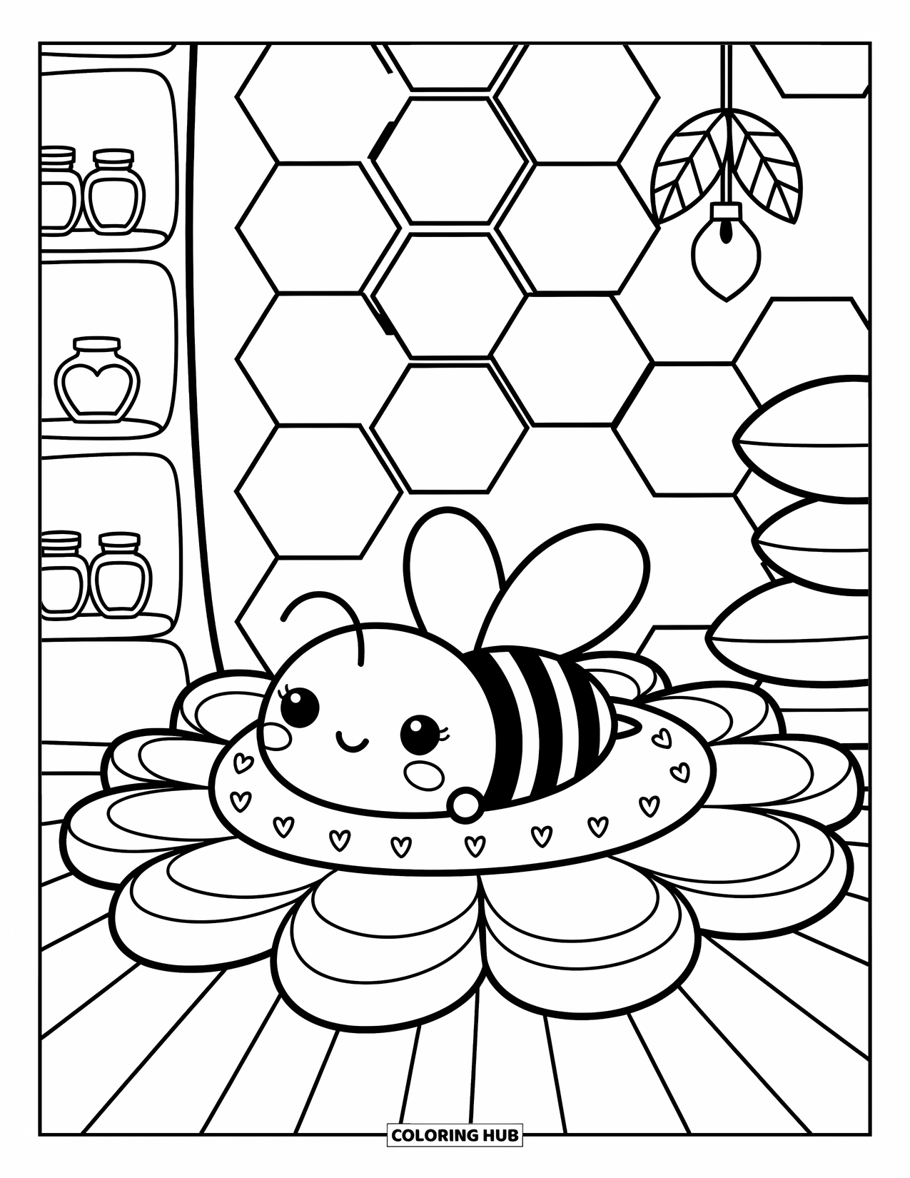 Bee Coloring Page for Adults: A cozy honeycomb room cradles a sleepy bee under a heart blanket and gentle flower pillows