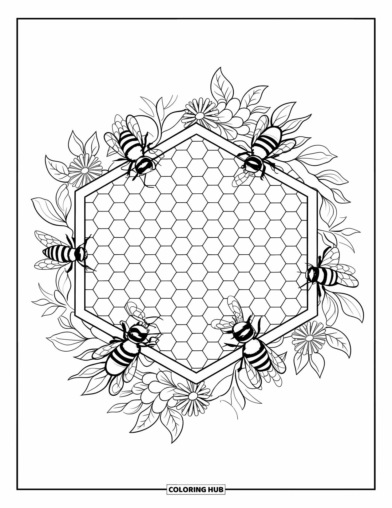 Bee Coloring Page for Adults: A decorative honeycomb with bees and flowers creates a sweet, cozy scene
