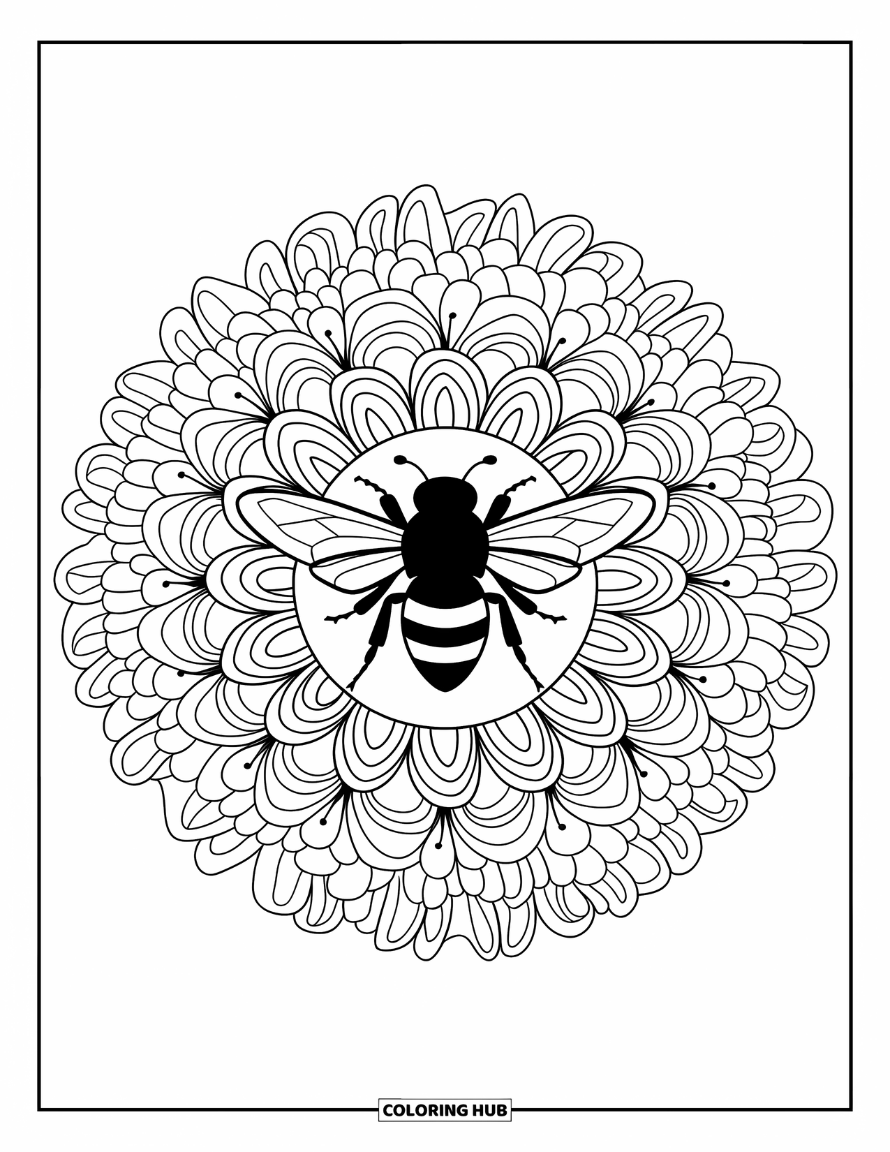 Bee Coloring Page for Adults: A detailed bee hovers at the center of a floral mandala with layered petal rings