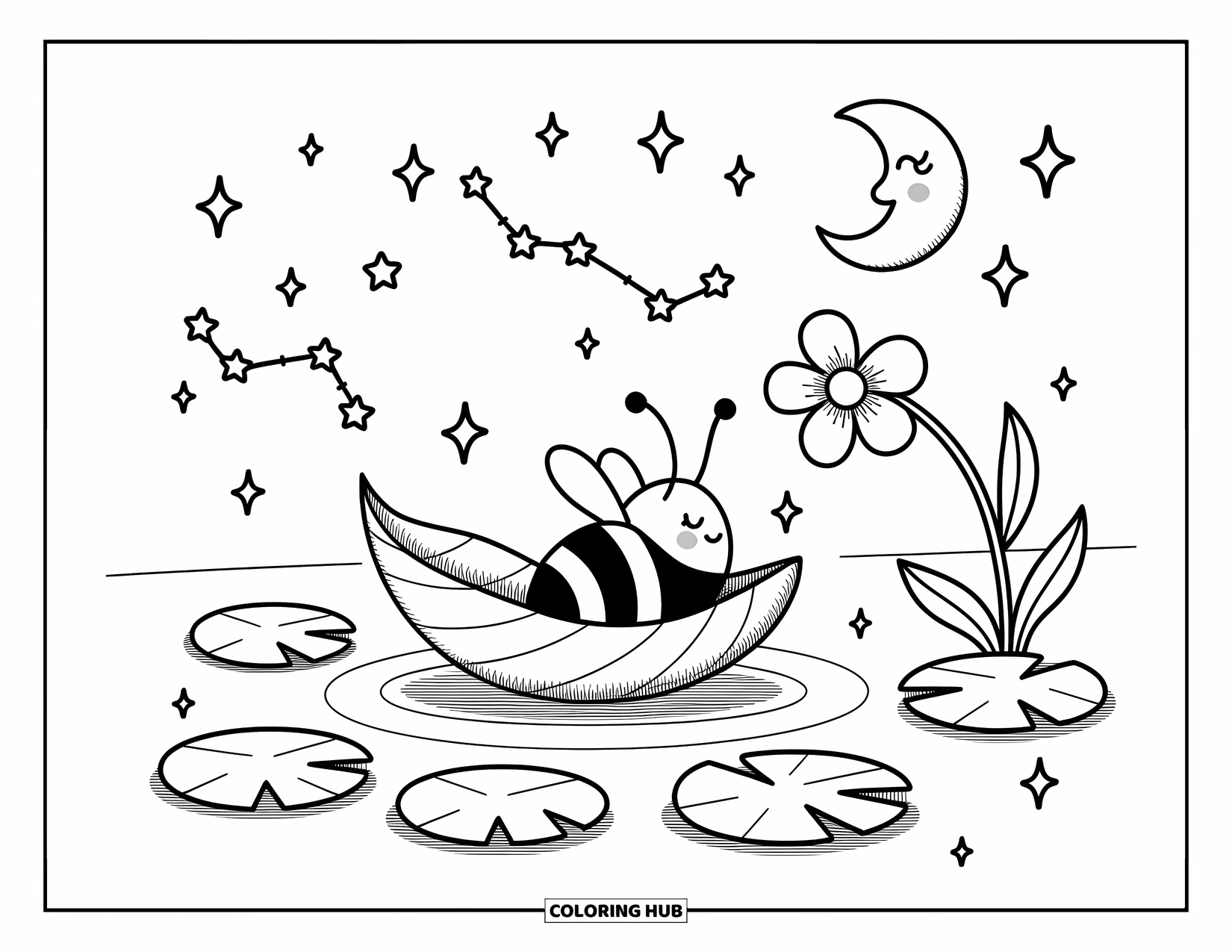 Bee Coloring Page for Adults: A dreamy scene of a bee floating in a leaf boat under twinkling stars and fireflies
