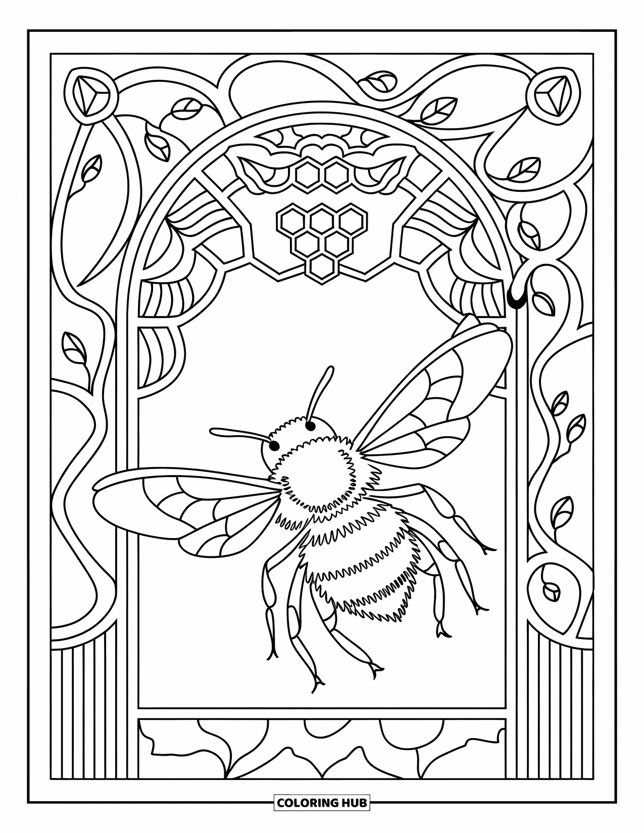 Bee Coloring Page for Adults: A flying bee passes through a vine arch with honeycomb and intricate designs