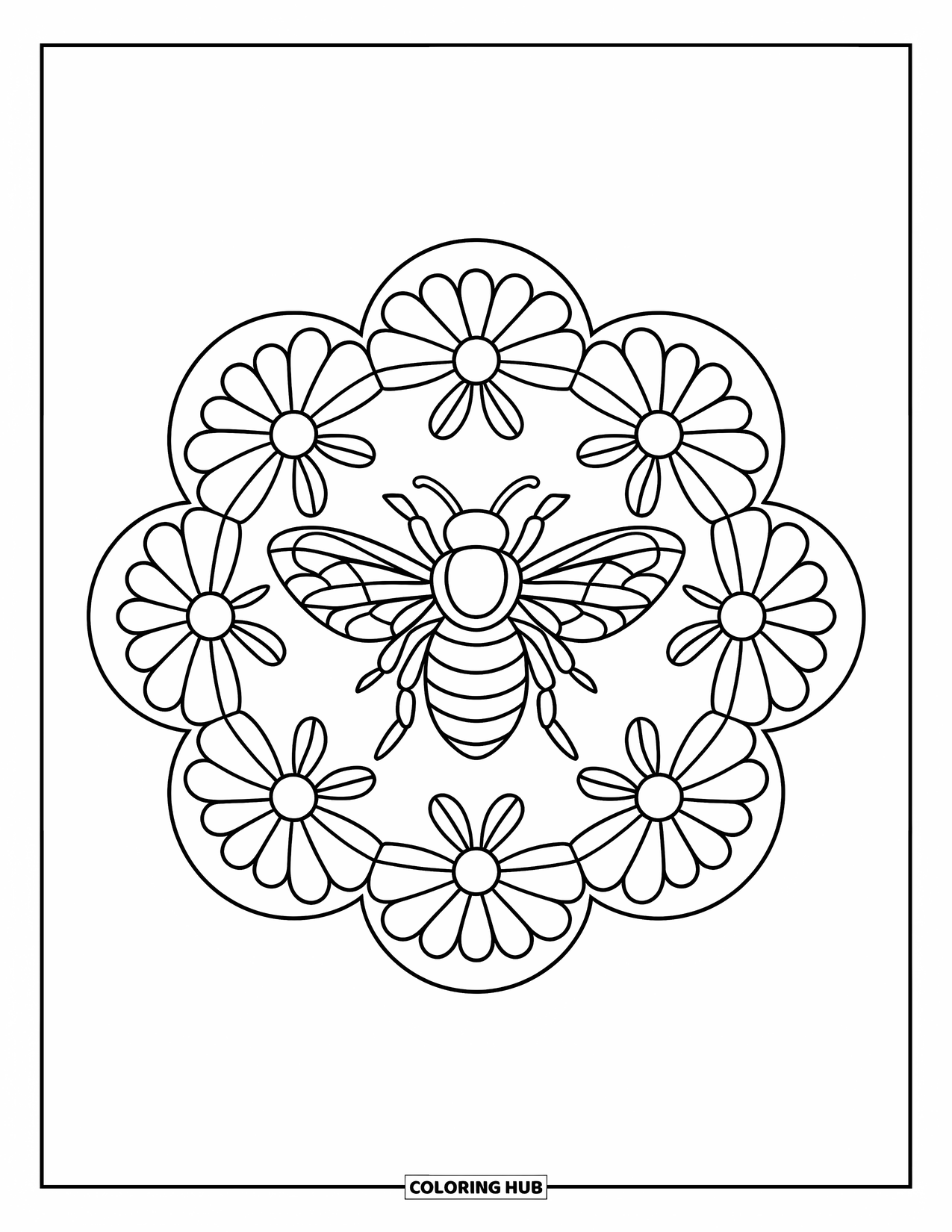 Bee Coloring Page for Adults: A flying bee sits at the heart of floral mandala shapes with calm symmetry