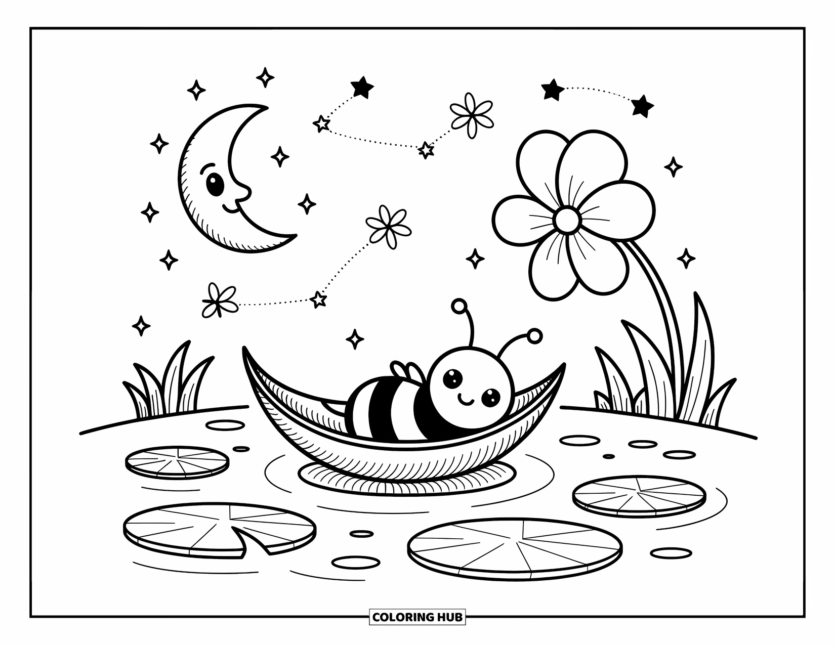Bee Coloring Page for Adults: A gentle bee drifts across a puddle, stargazing beside a friendly flower and moon