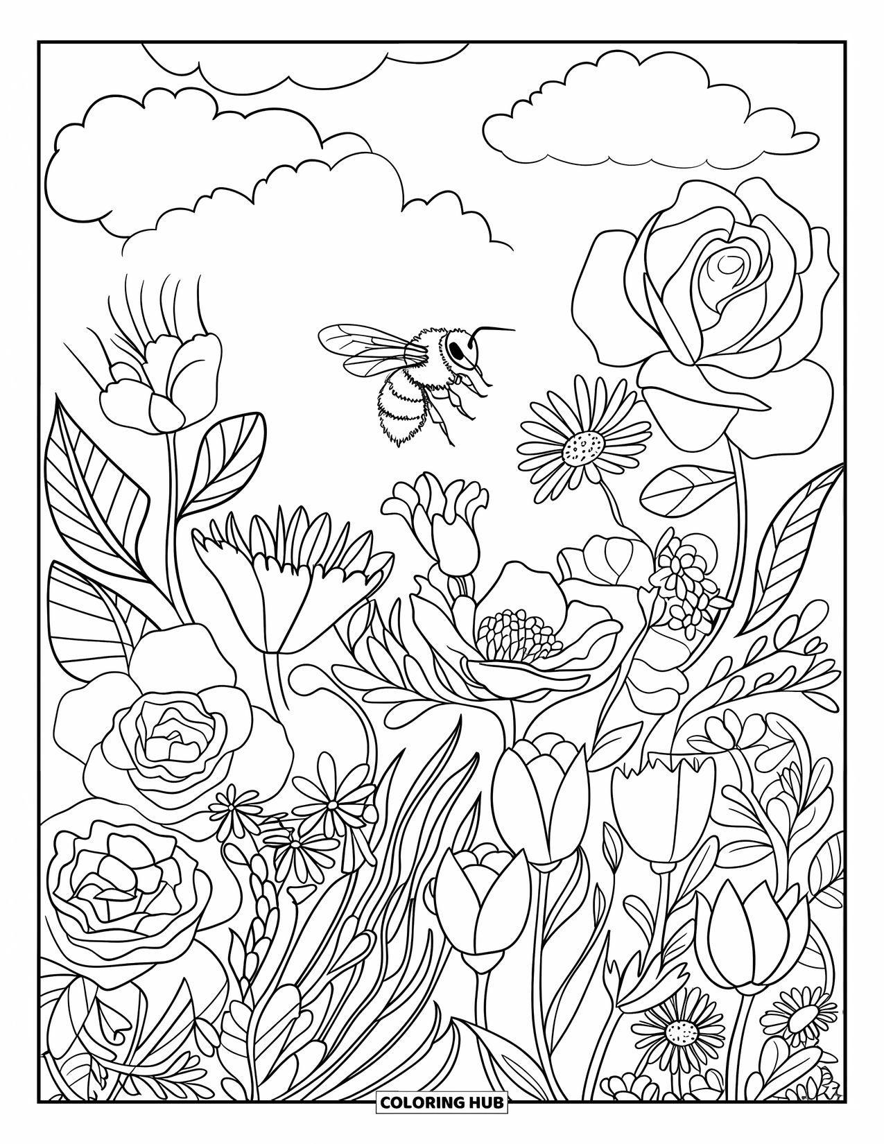 Bee Coloring Page for Adults: A gentle bee flies over tulips and daisies under a bright sky with clouds