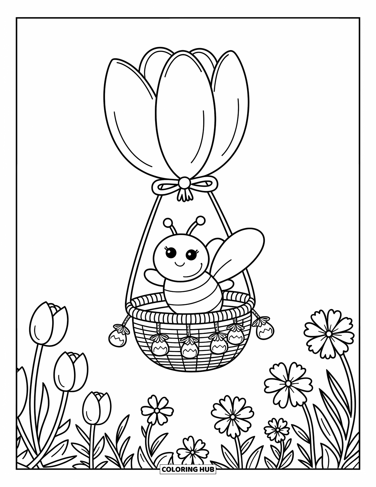 Bee Coloring Page for Adults: A happy bee rides a tulip balloon over clover fields with a basket full of nectar