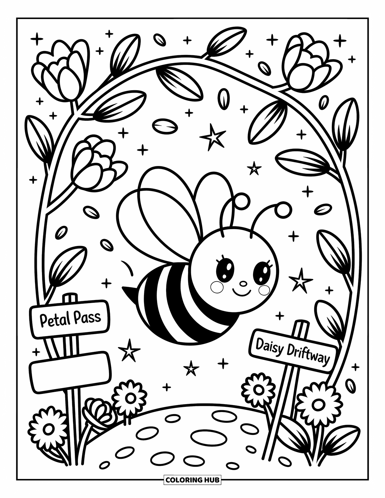 Bee Coloring Page for Adults: A happy bee zooms through flower tunnels with signs pointing to magical places like ìDaisy Driftway
