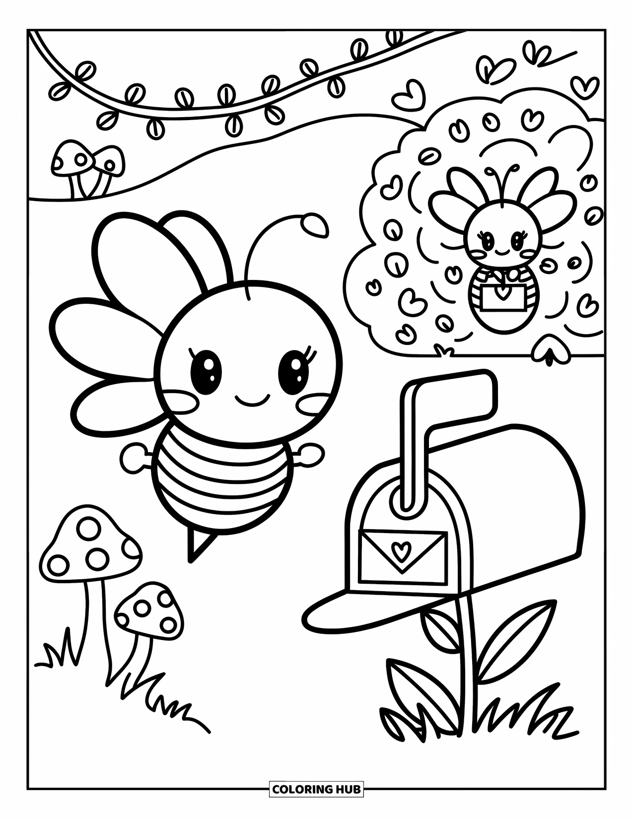 Bee Coloring Page for Adults: A happy mailbee delivers a letter while another peeks out with a parcel in a cute garden