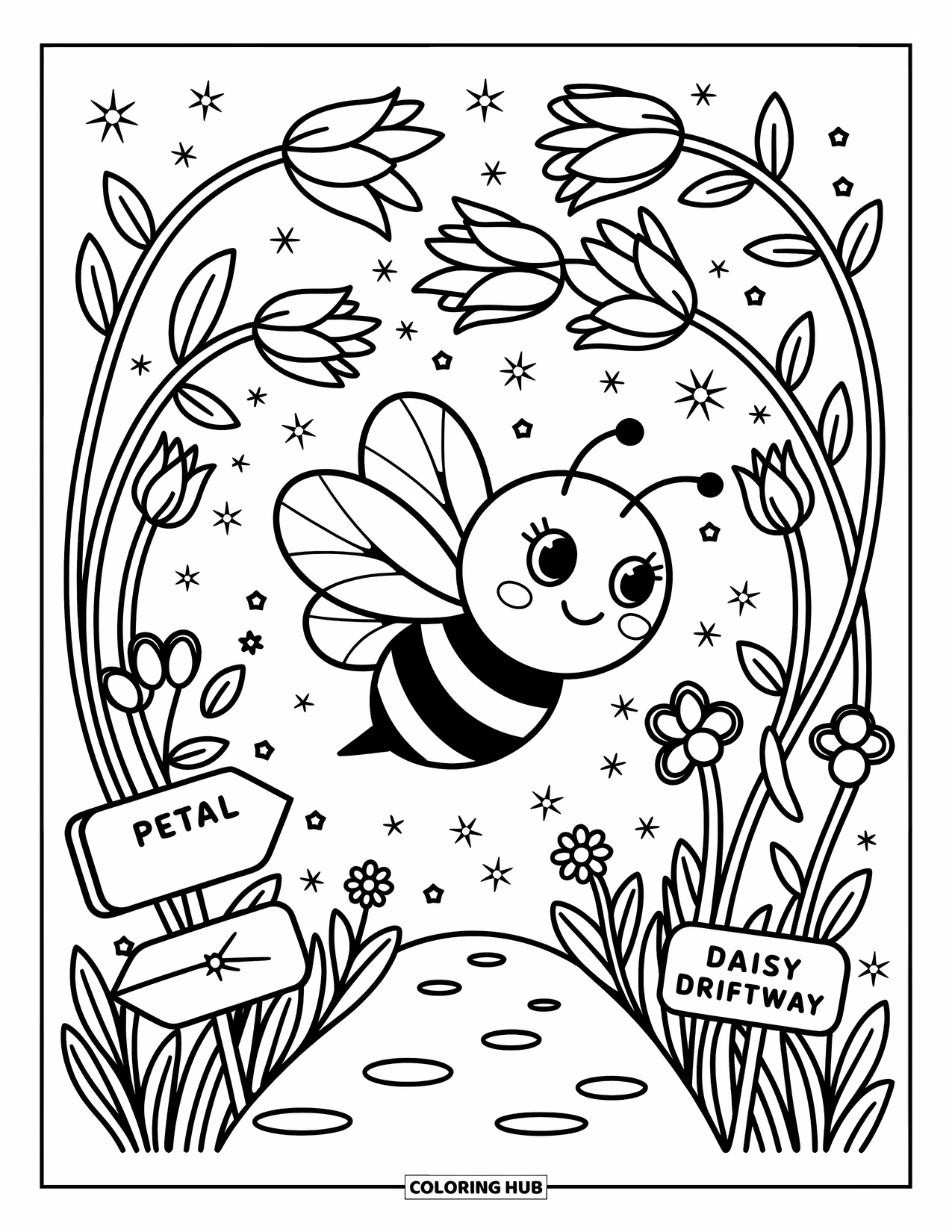 Bee Coloring Page for Adults: A smiling bee flies through a tunnel of curling stems, guided by signs like ìPetal Pass