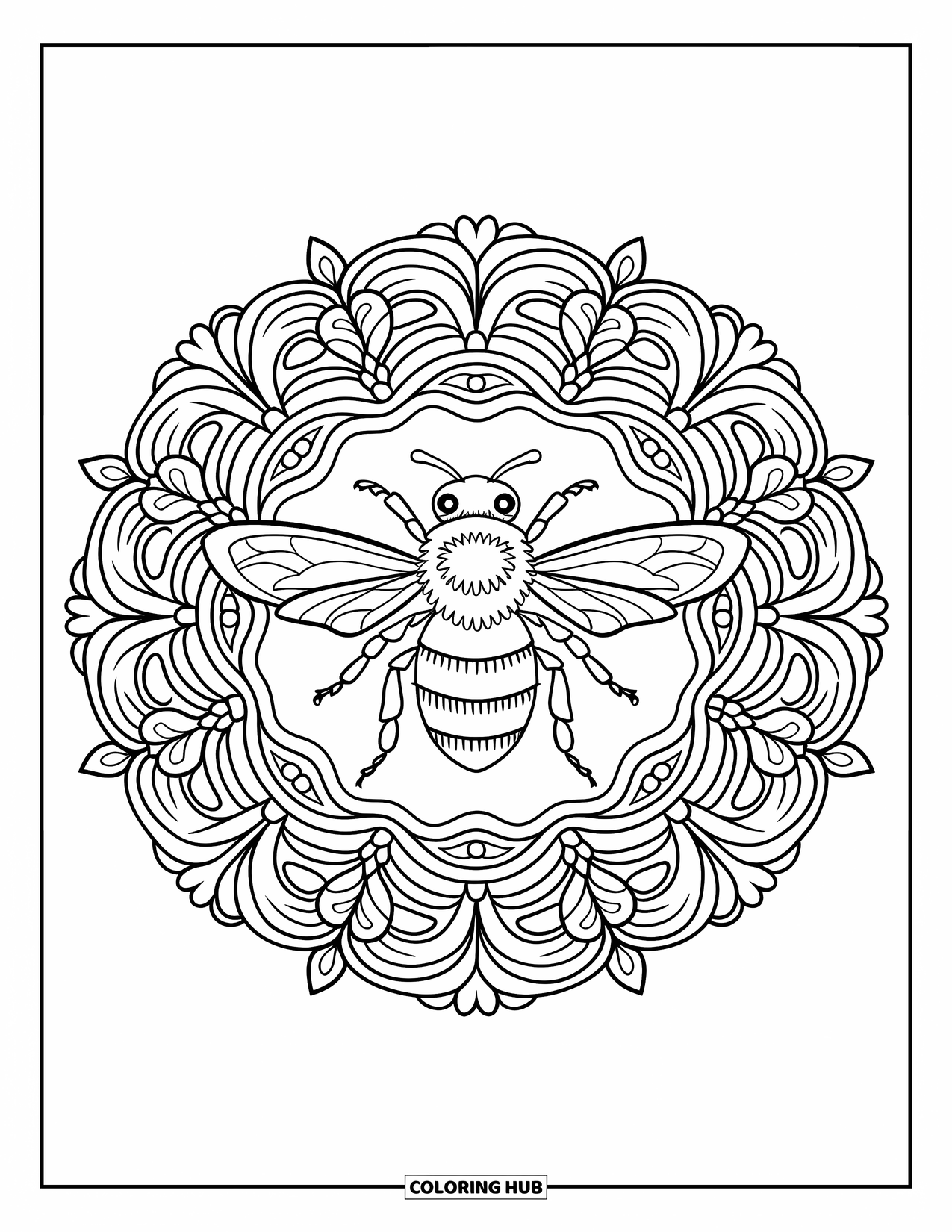 Bee Coloring Page for Adults: A striped bee rests in a floral mandala filled with petals and curling vines
