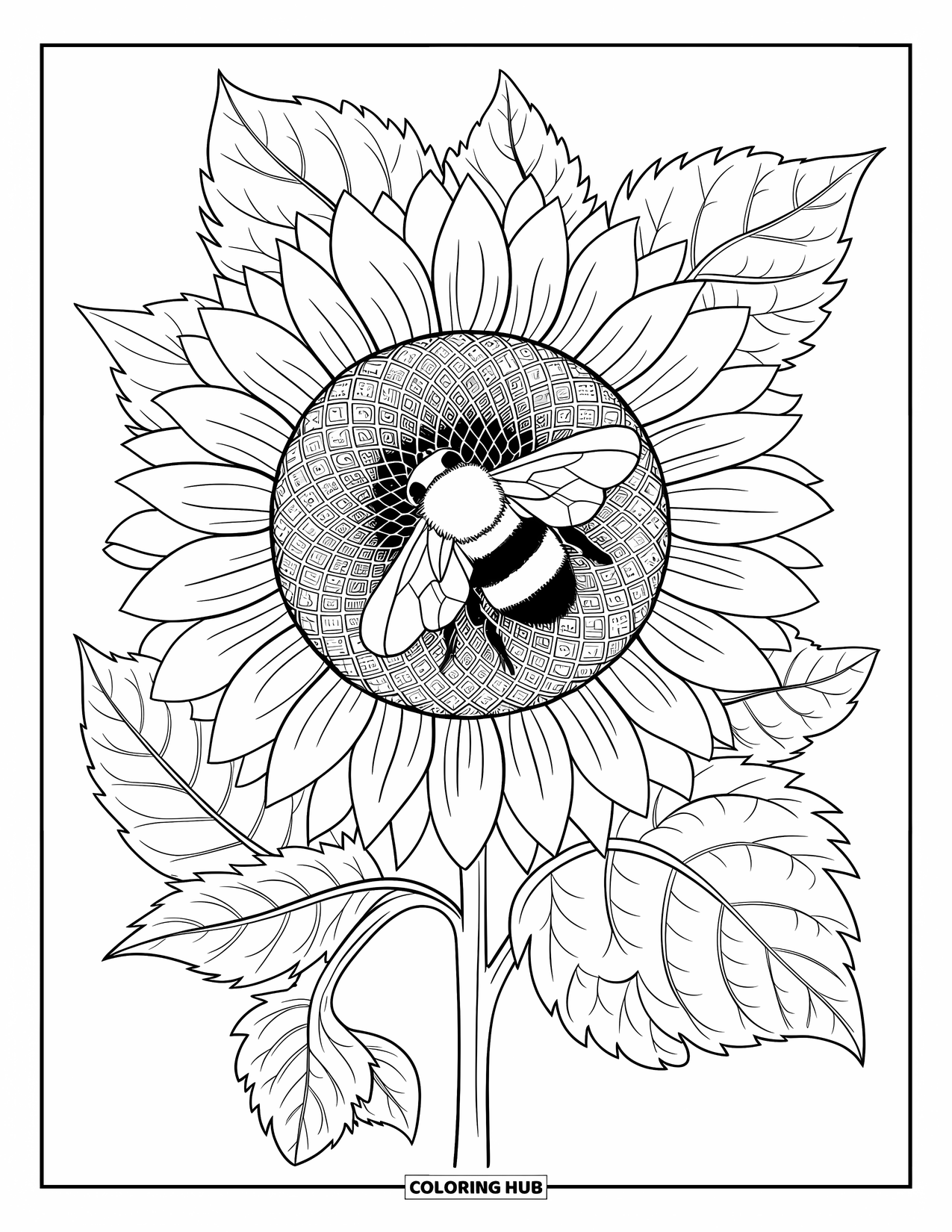 Bee Coloring Page for Adults: A sunflower with a spiral design holds a bee, surrounded by gentle leaves