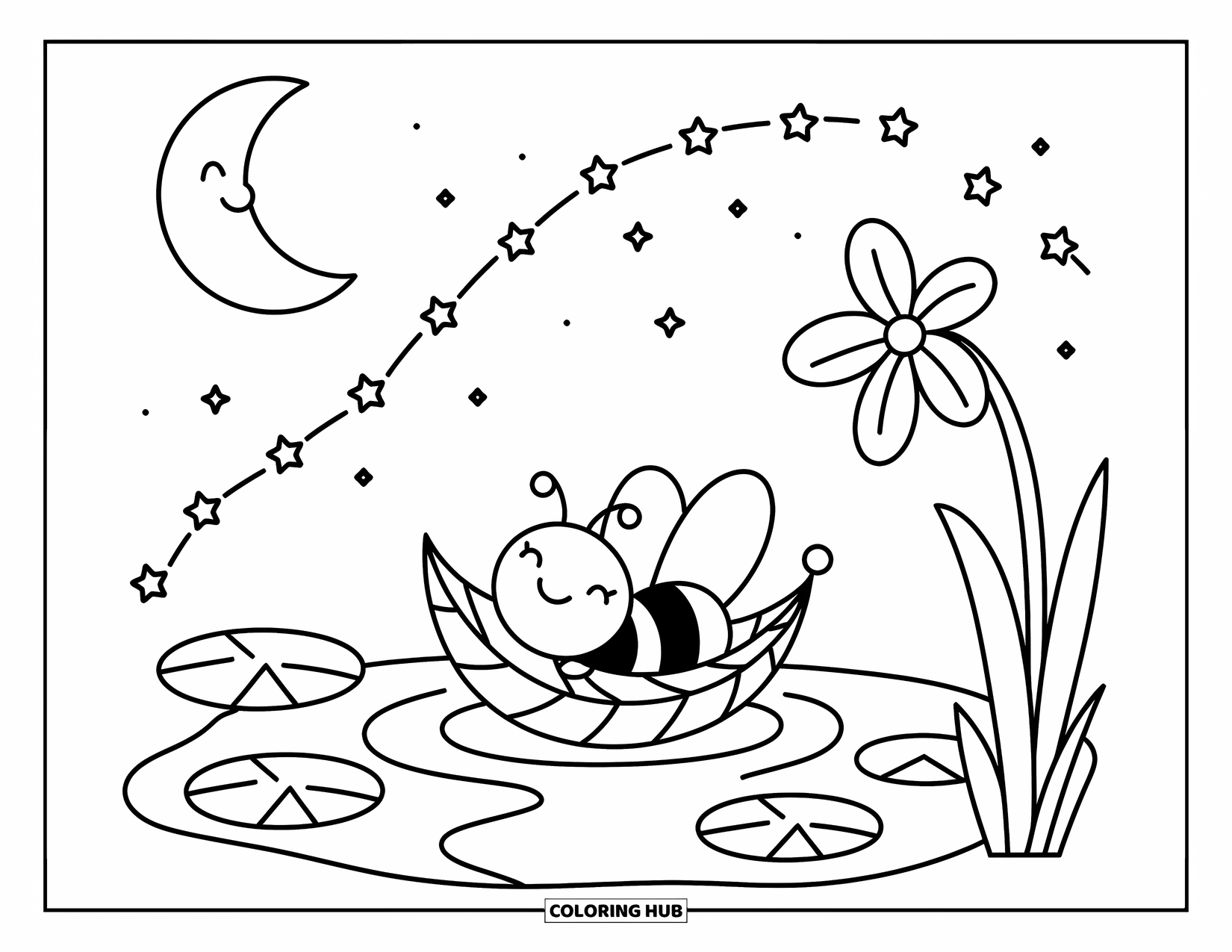 Bee Coloring Page for Adults: A tiny bee floats on a leaf boat under stars, surrounded by calm lily pads