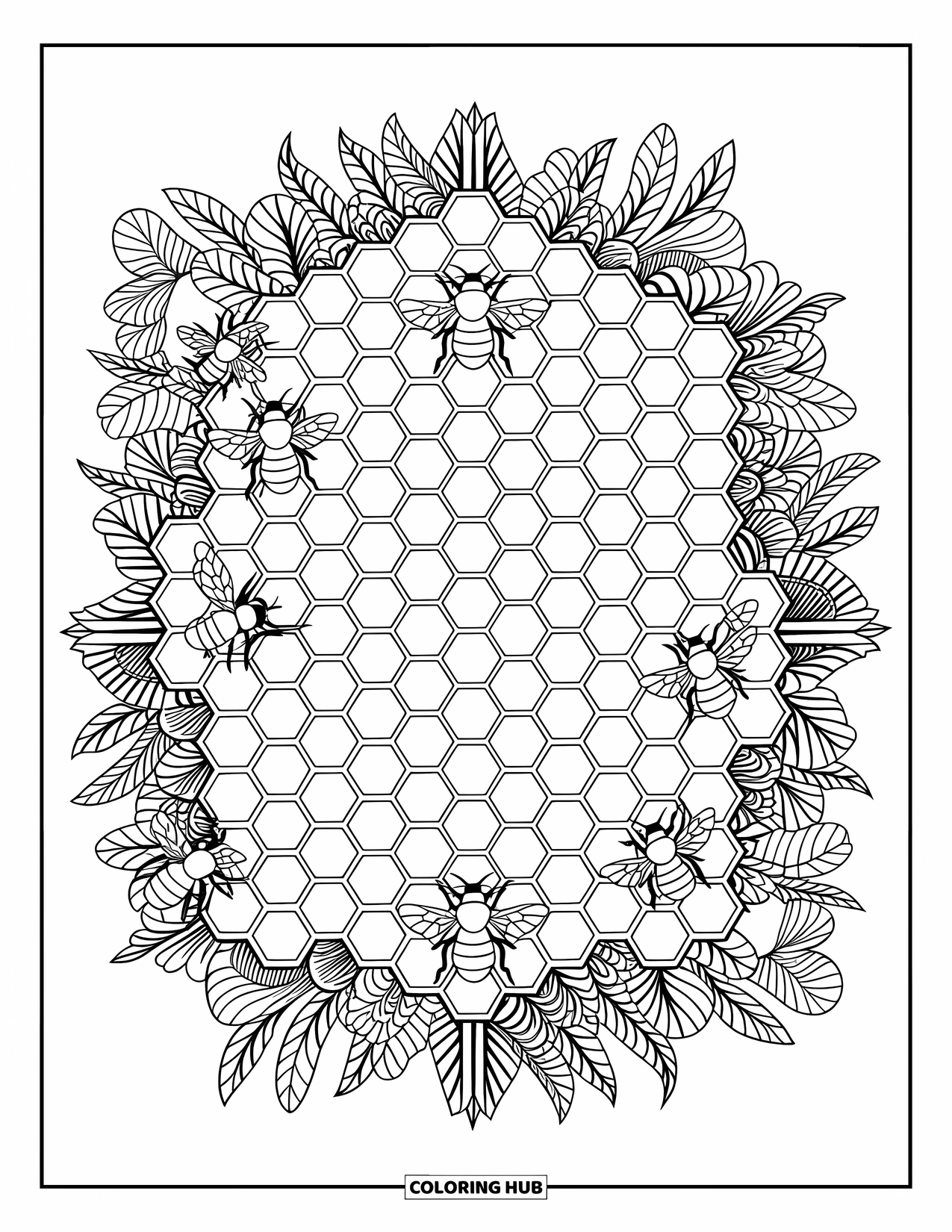 Bee Coloring Page for Adults: Bees rest in and around an elegant honeycomb frame with bold outlines and calm vibes