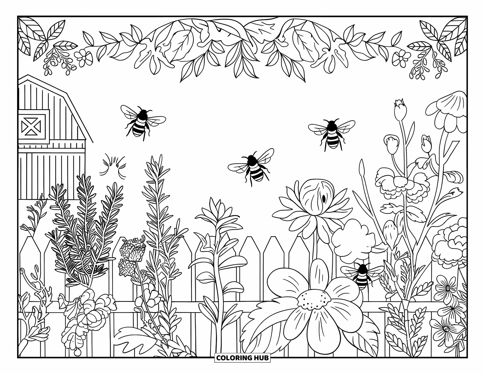 Bee Coloring Page for Adults: Herbs and flowers fill a peaceful garden with bees, a picket fence, and a red barn