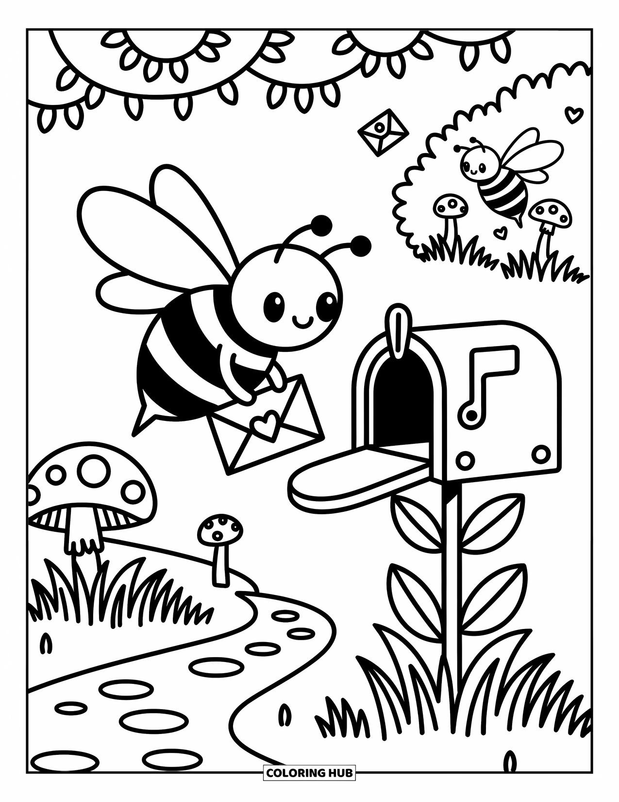 Bee Coloring Page for Adults: Two bees share mail duties near a flower mailbox and a charming path lined with mushrooms