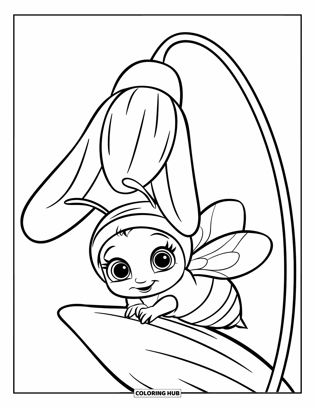Bee Coloring Page for Kids: A baby bee in a little hat hides behind a daisy petal