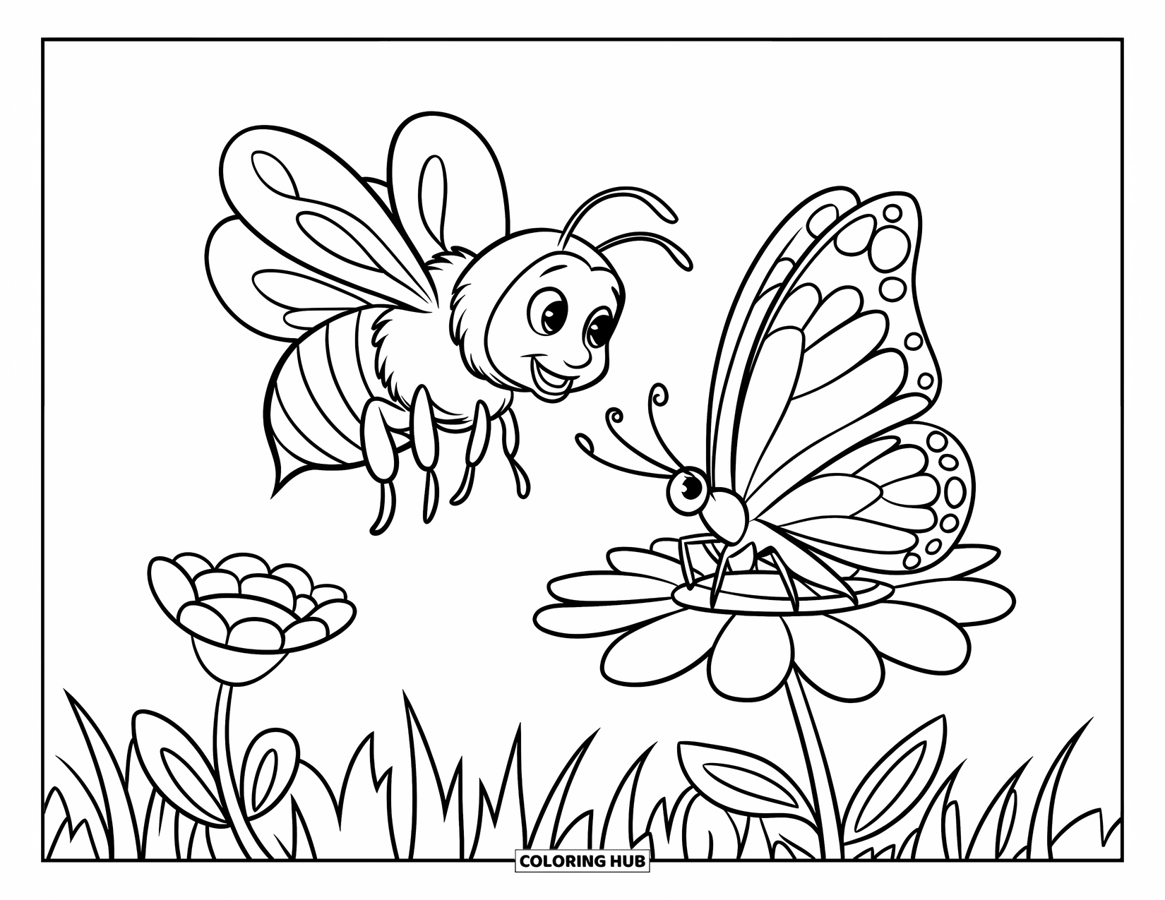 Bee Coloring Page for Kids: A bee and butterfly float above a grassy field of flowers