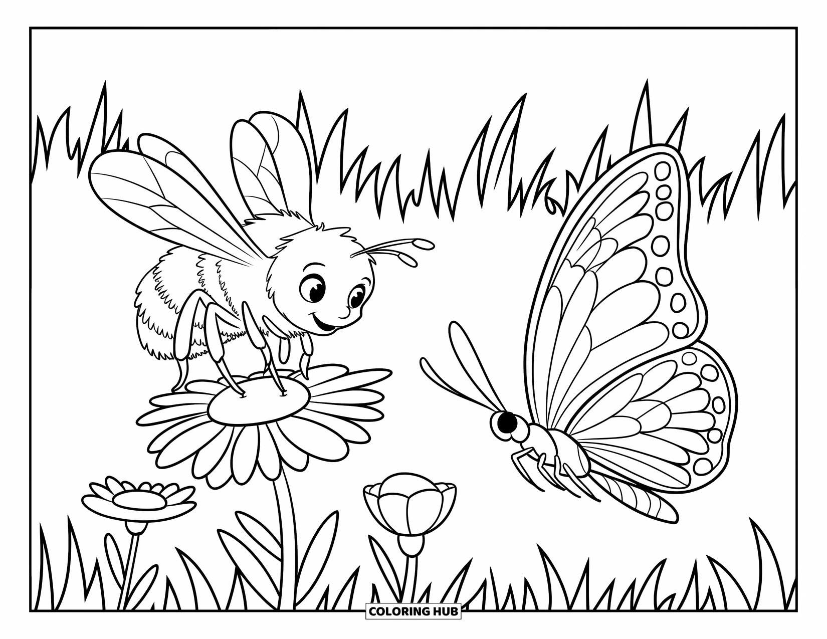 Bee Coloring Page for Kids: A bee buzzes while a butterfly rests on a flower stem
