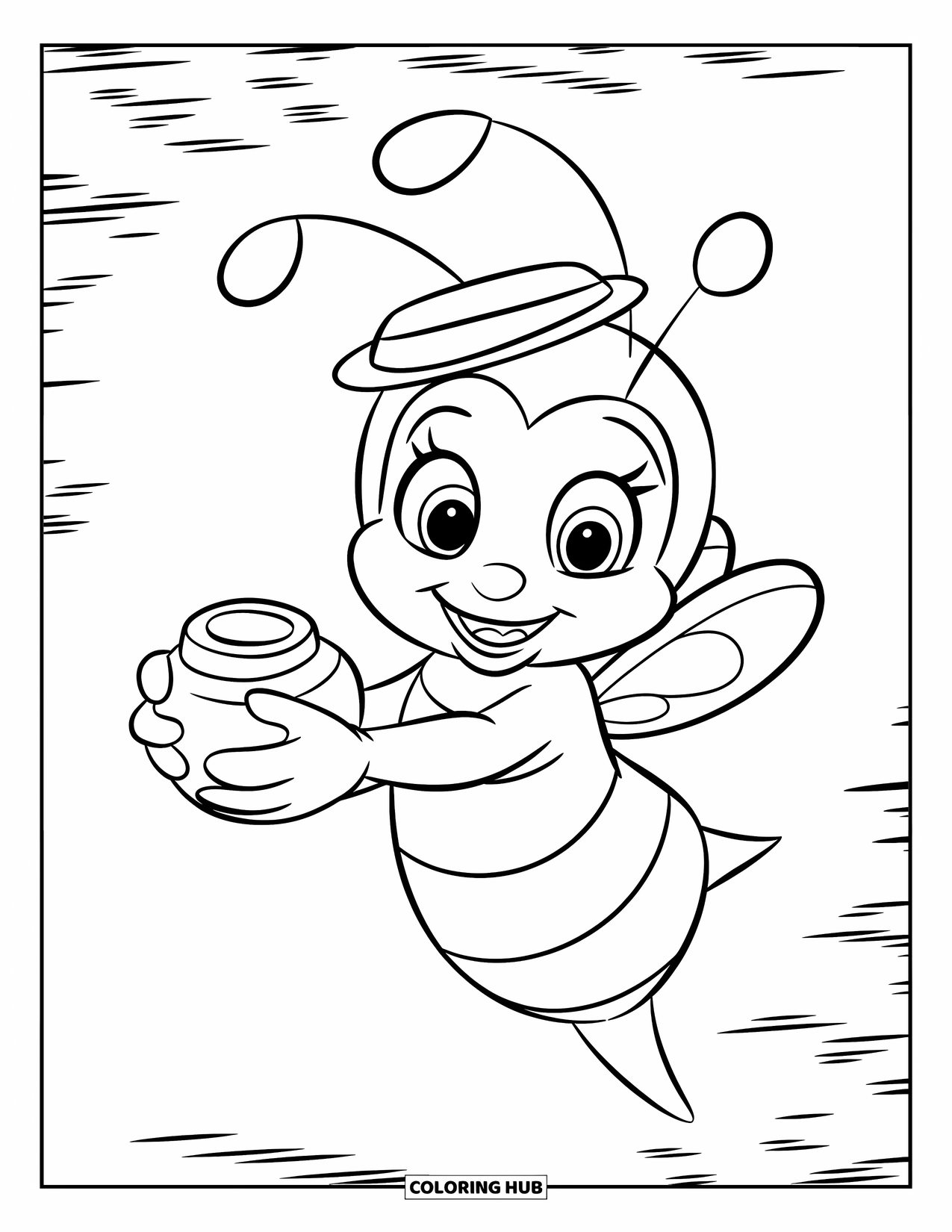 Bee Coloring Page for Kids: A bee holds a honey pot with a proud smile