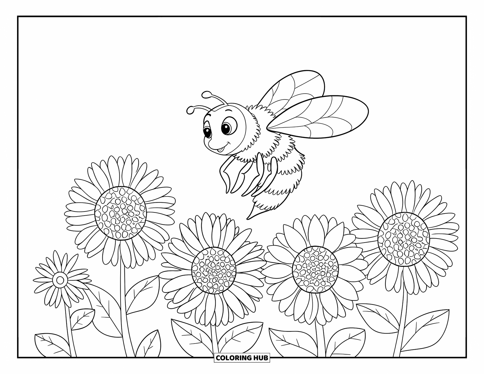 Bee Coloring Page for Kids: A bee loops through the air above a row of sunflowers