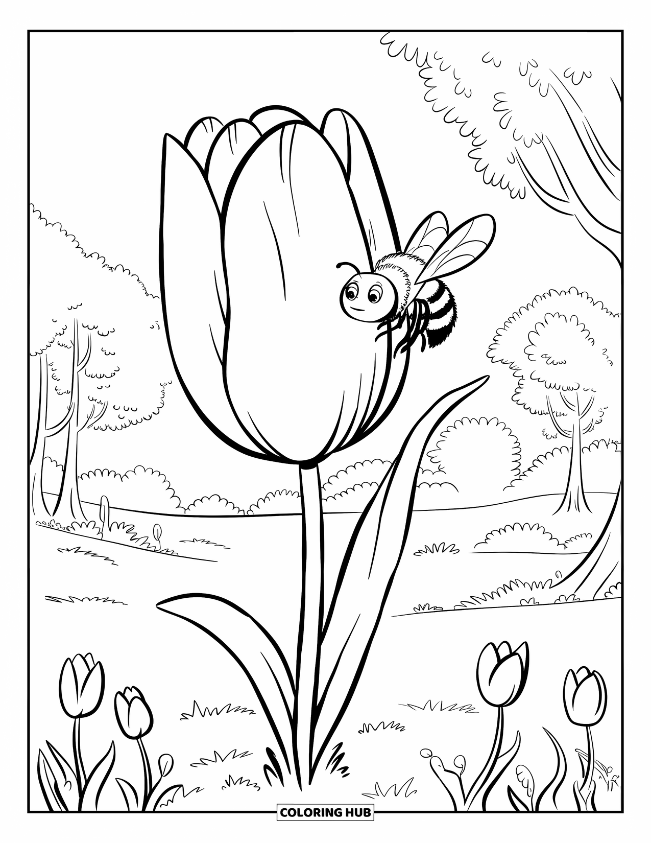 Bee Coloring Page for Kids: A bee perches on a tree-sized tulip in a forest scene