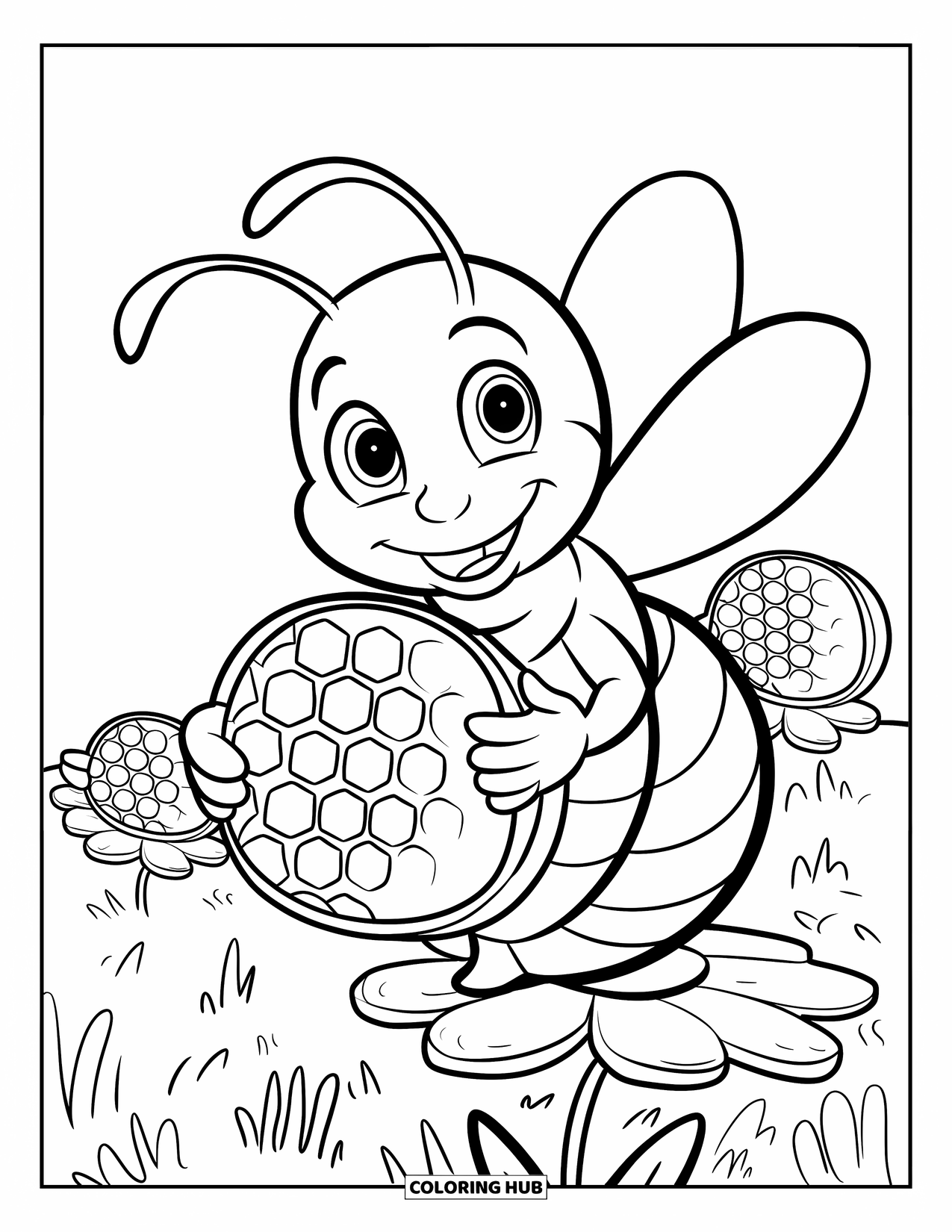 Bee Coloring Page for Kids: A cheerful bee holds a honeycomb while resting on a bloom