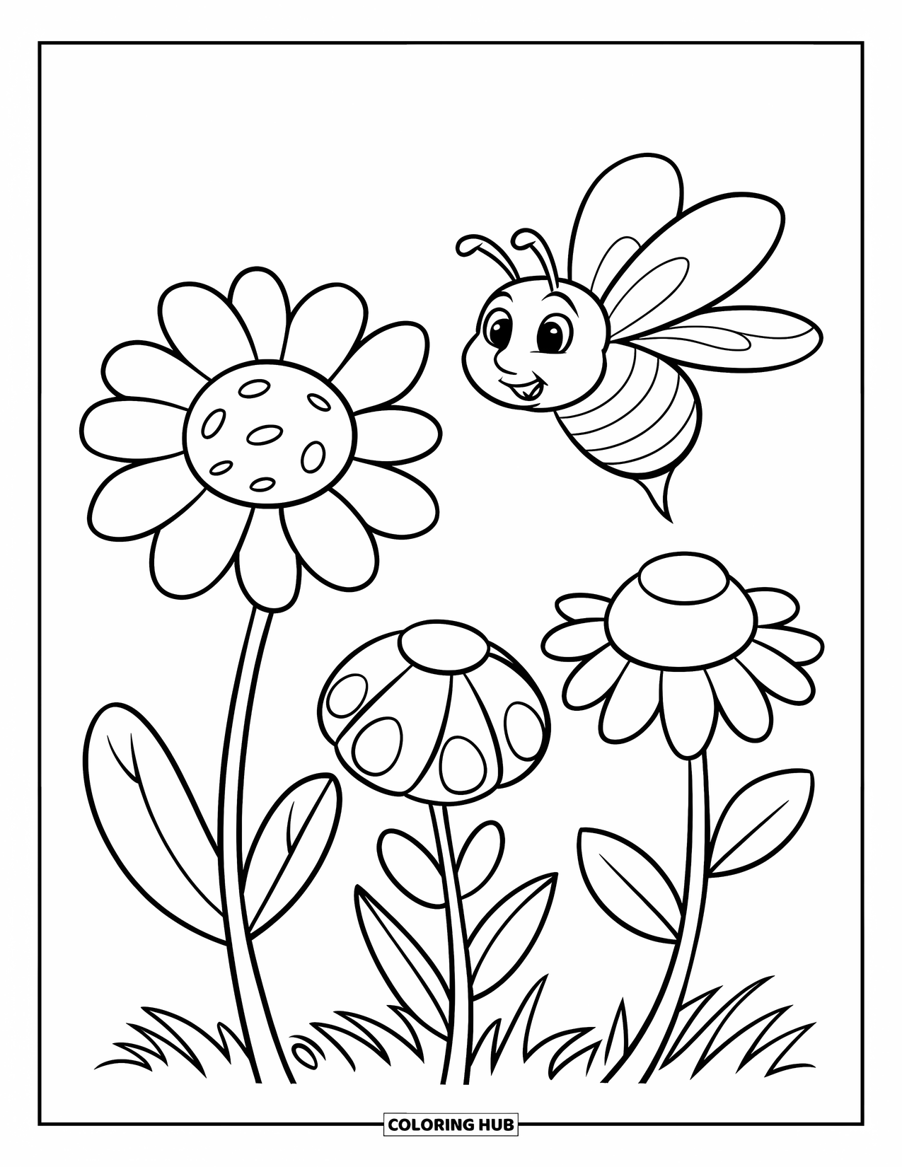Bee Coloring Page for Kids: A cheerful bee visits three big flowers in a grassy field