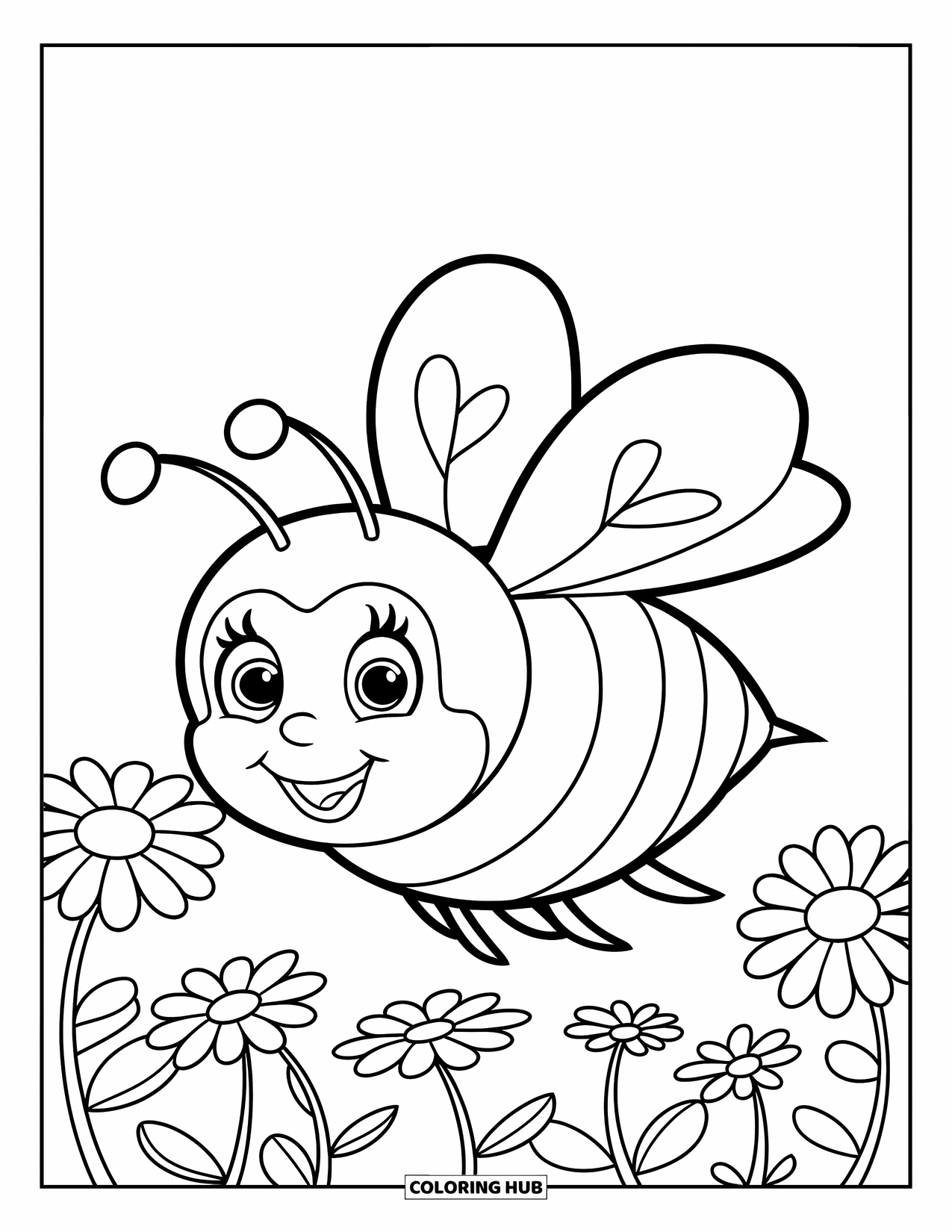 Bee Coloring Page for Kids: A cheerful bee with heart-shaped wings flies above blooming petals