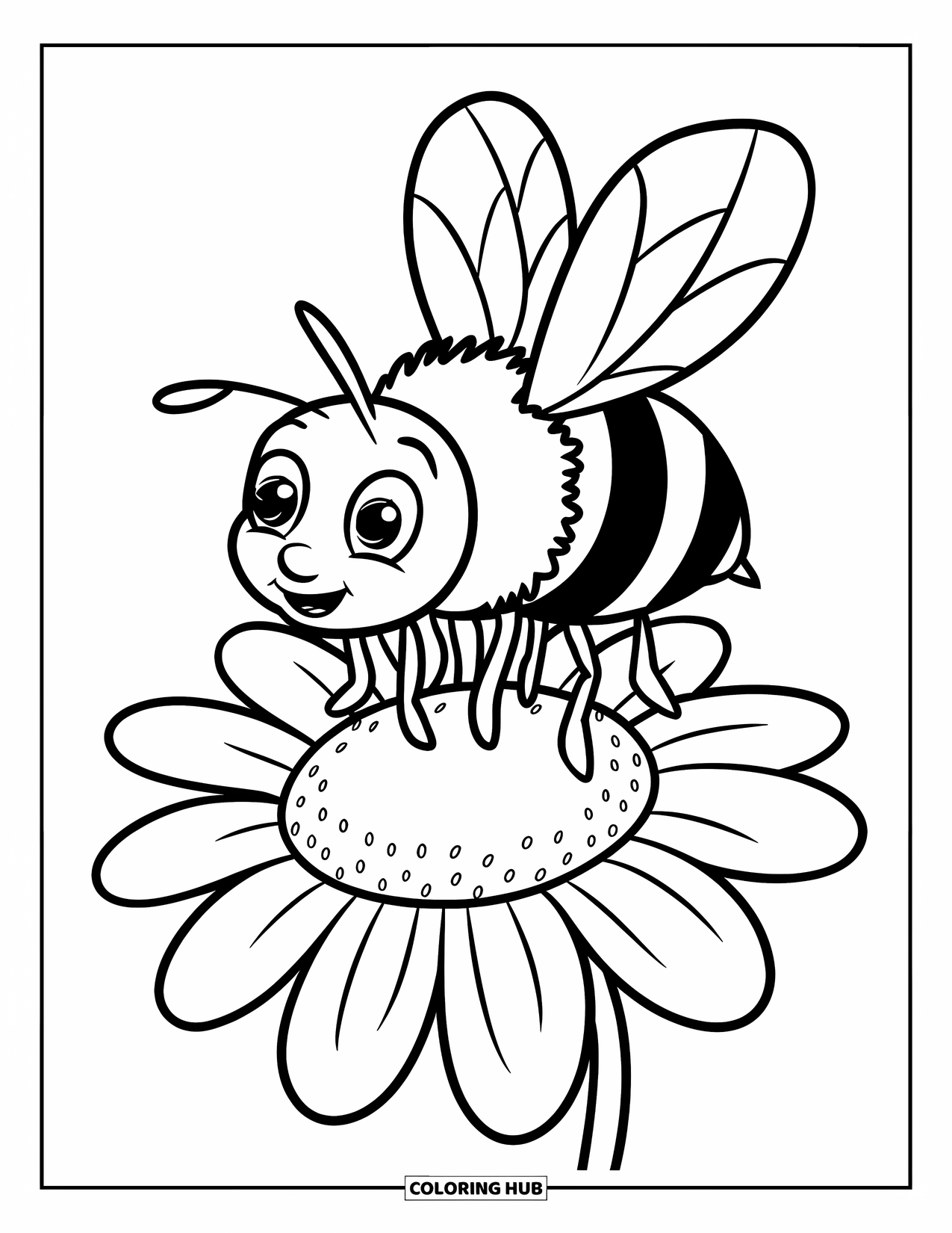 Bee Coloring Page for Kids: A cute bee buzzes above a daisy with bold, simple lines