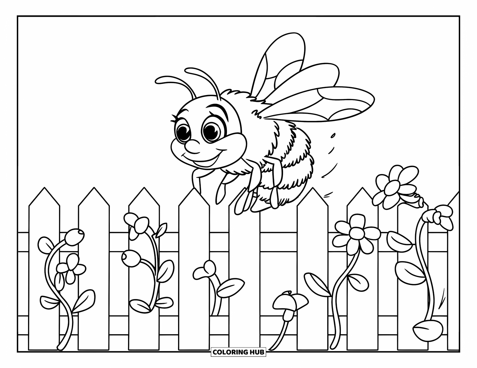 Bee Coloring Page for Kids: A floating bee hovers above a picket fence wrapped in flower vines
