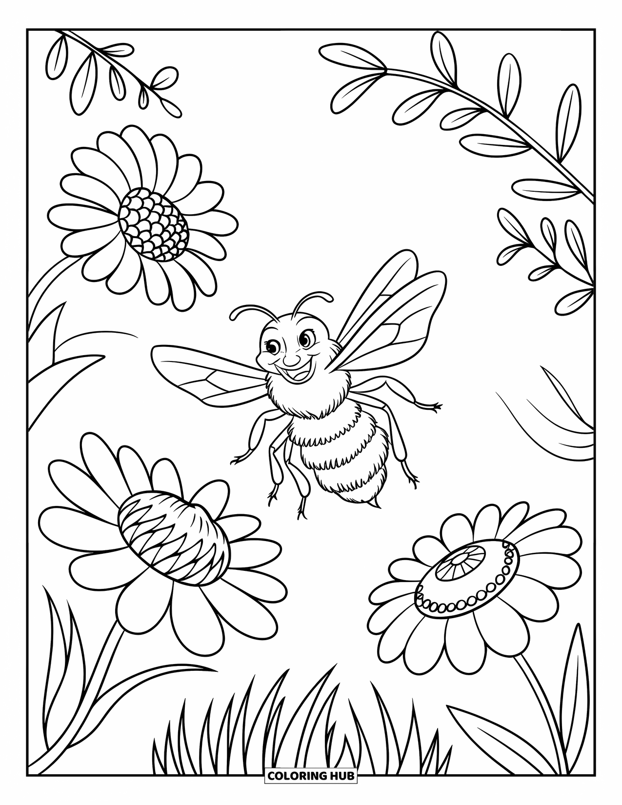 Bee Coloring Page for Kids: A flying bee flutters between three flowers and a leafy branch