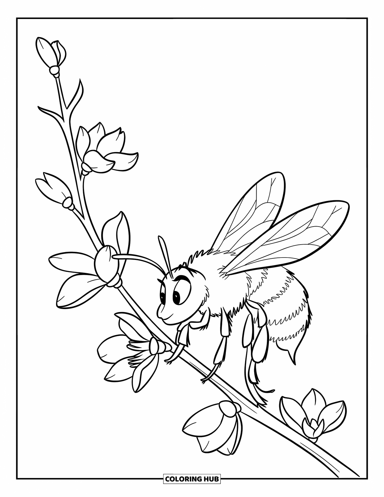 Bee Coloring Page for Kids: A focused bee collects nectar from blossoms on a blooming branch