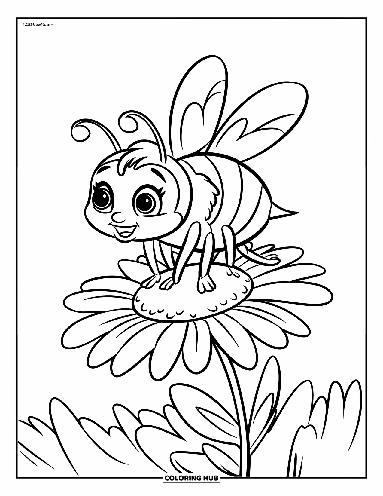 Bee Coloring Page for Kids: A happy bee in a hat flies over a bold, playful daisy