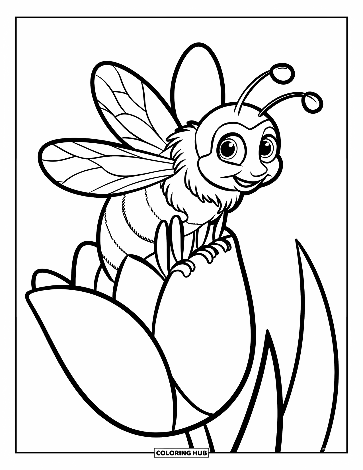 Bee Coloring Page for Kids: A happy bee rests on a tulip with a big curved stem