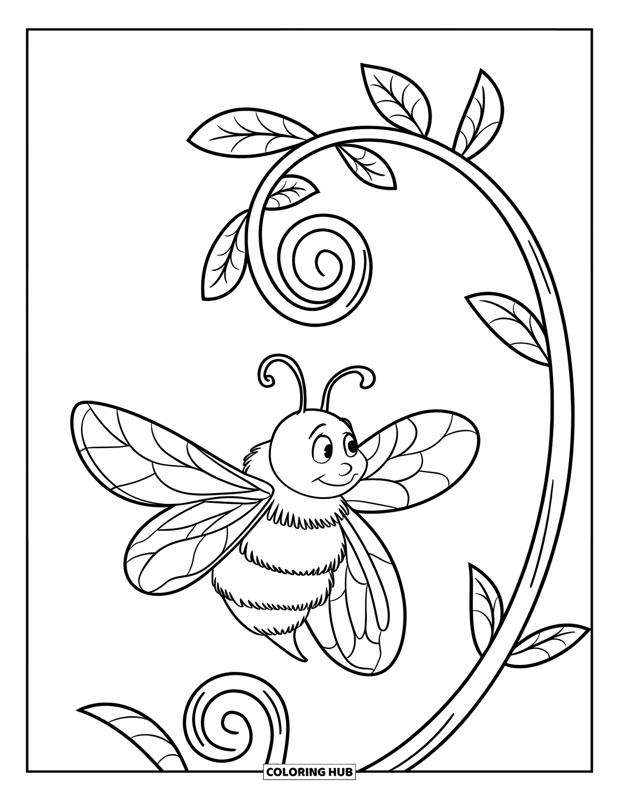 Bee Coloring Page for Kids: A round bee lands on a curling vine filled with soft leafy lines