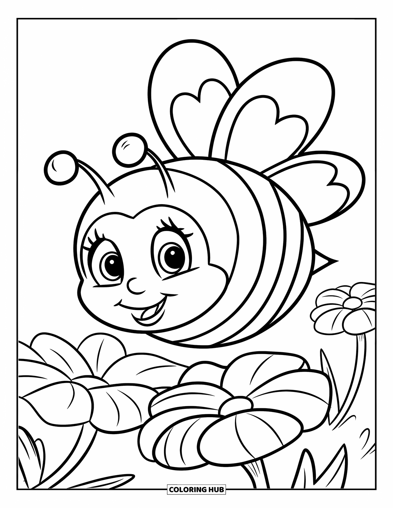 Bee Coloring Page for Kids: A round bee with heart-shaped wings hovers above a flower