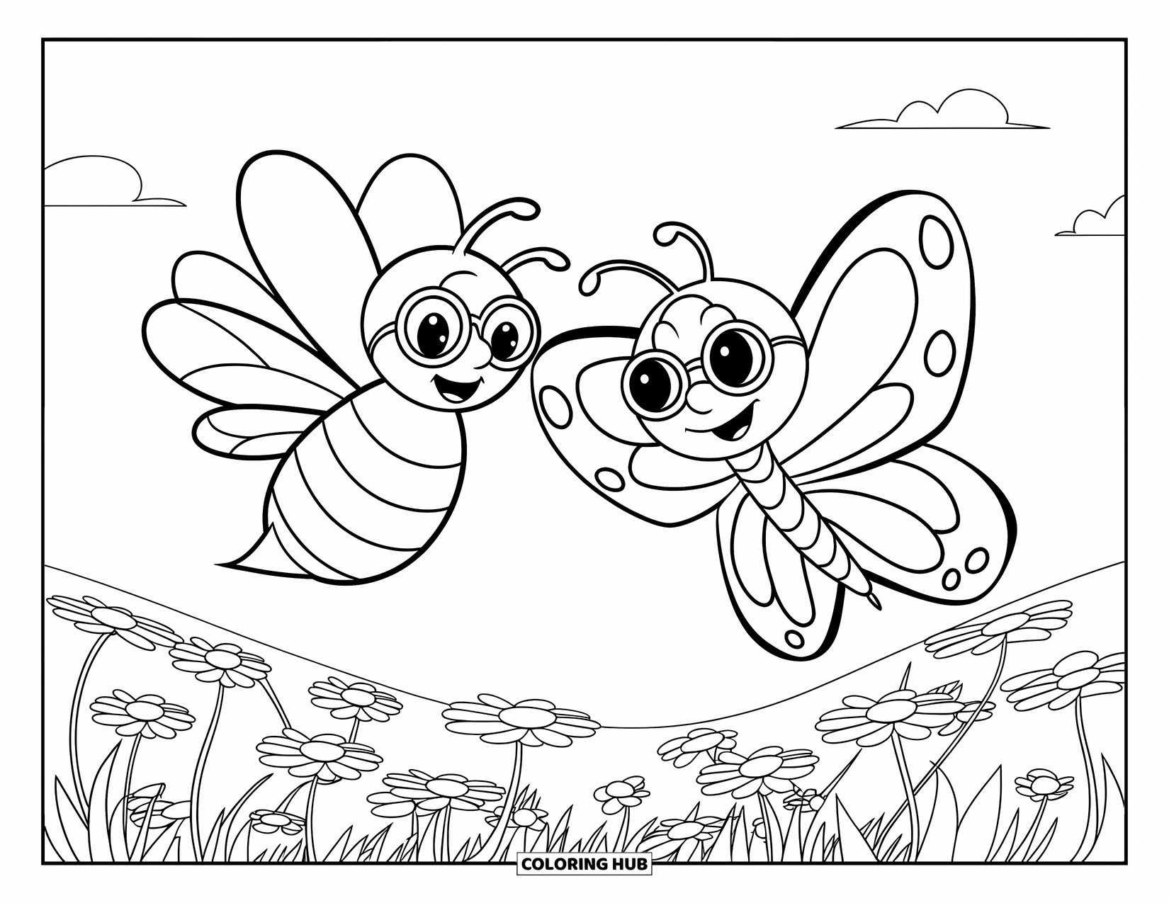 Bee Coloring Page for Kids: A smiling bee and butterfly wear sunglasses in a sunny field