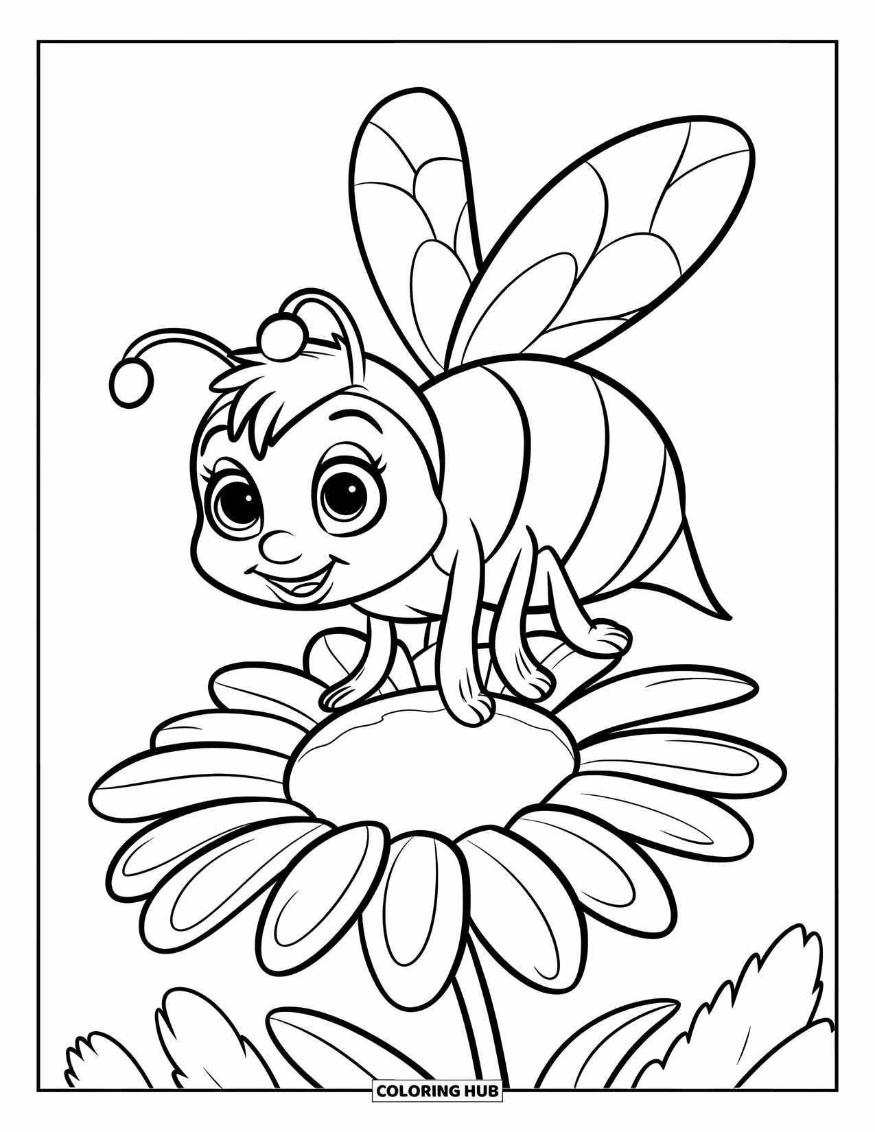 Bee Coloring Page for Kids: A smiling bee with a hat flies above a cheerful daisy bloom