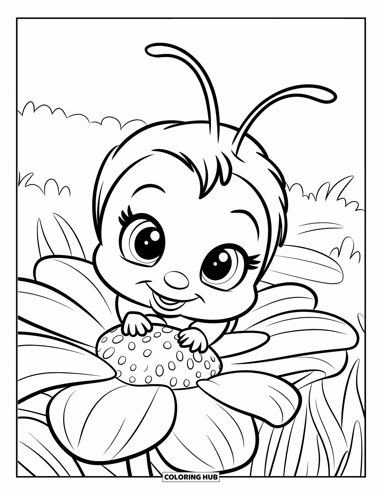 Bee Coloring Page for Kids: A tiny bee with big eyes hides behind a soft orange bloom