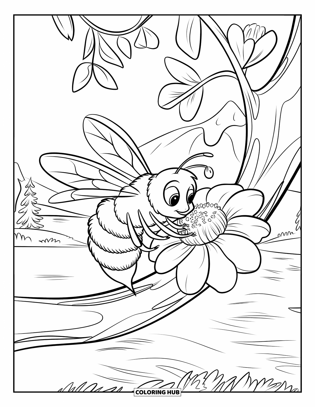 Bee Coloring Page for Kids: Bee in a tiny hat collects nectar from vibrant blossoms on a branch