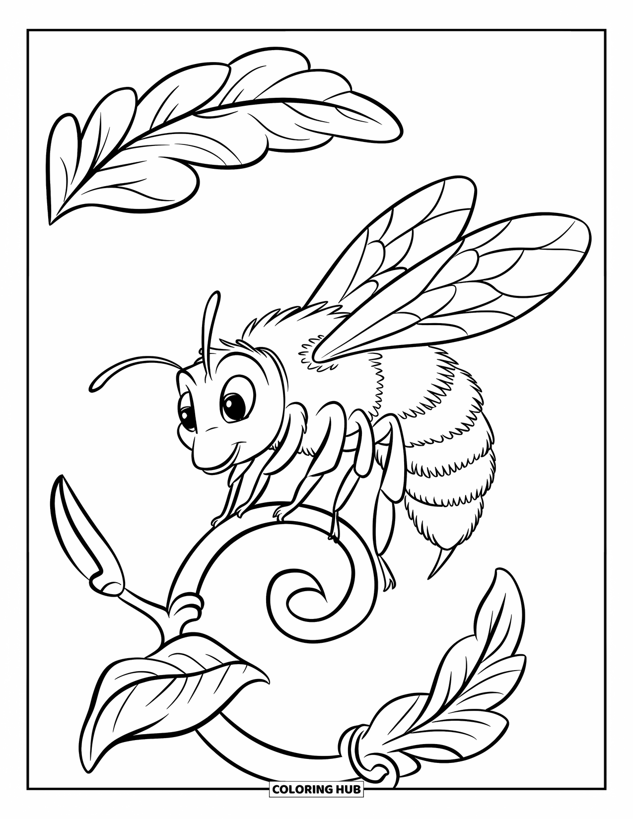 Bee Coloring Page for Kids: Bee lands gently on a curled vine covered in leafy textures