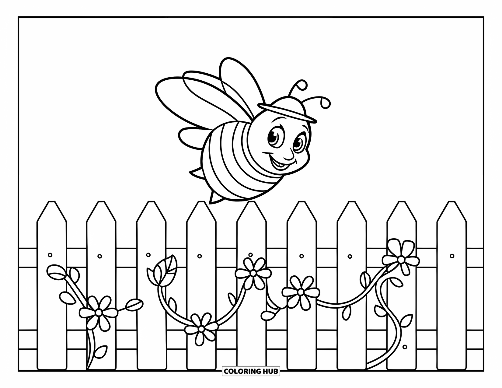 Bee Coloring Page for Kids: Bee with a hat smiles while flying over a fence full of flower vines
