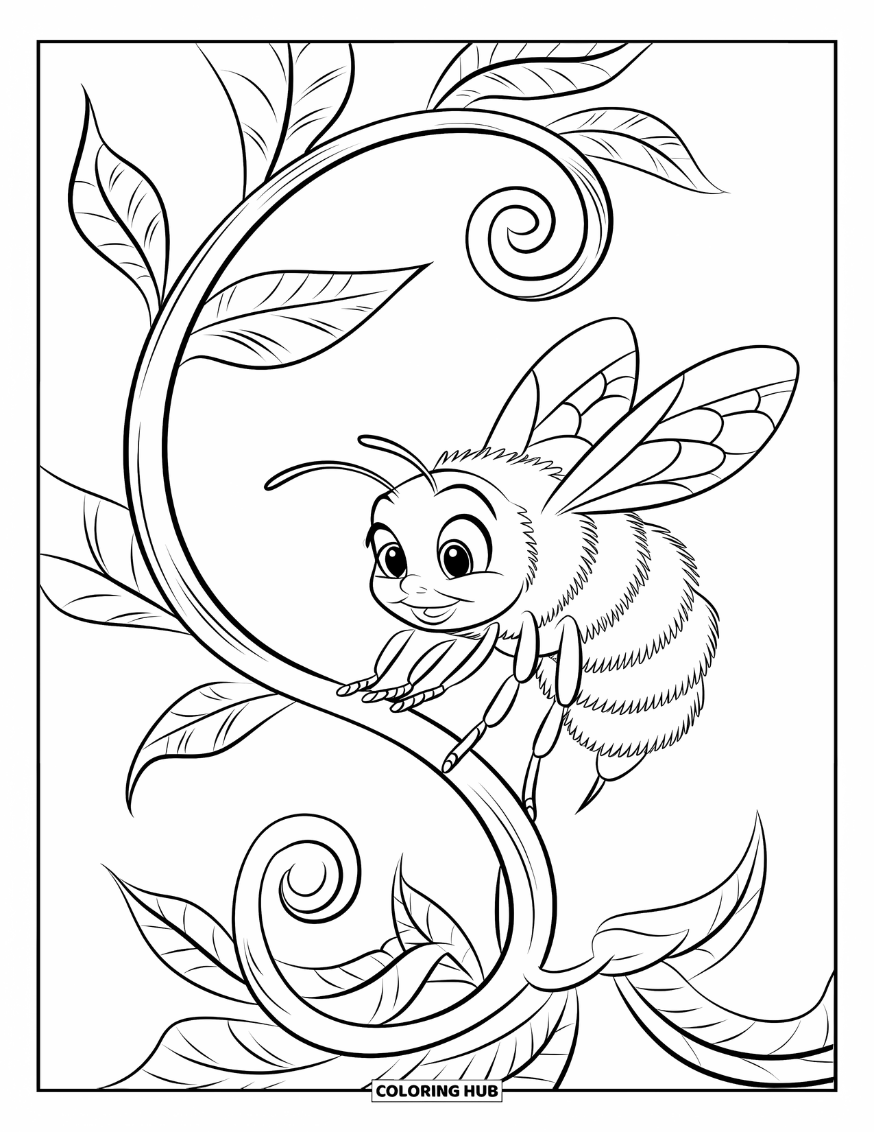 Bee Coloring Page for Kids: Bee with big eyes rests on a curly vine with bold leafy details