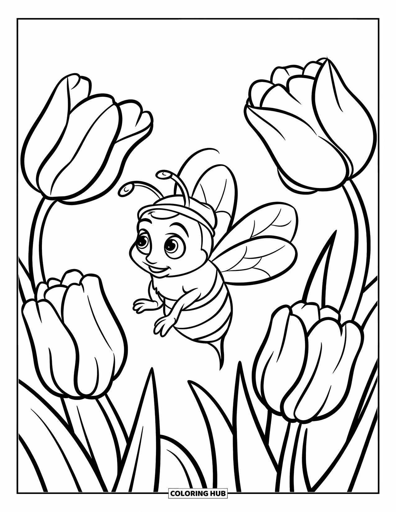 Bee Coloring Page for Kids: Bee zips between tulips with a happy grin and simple details