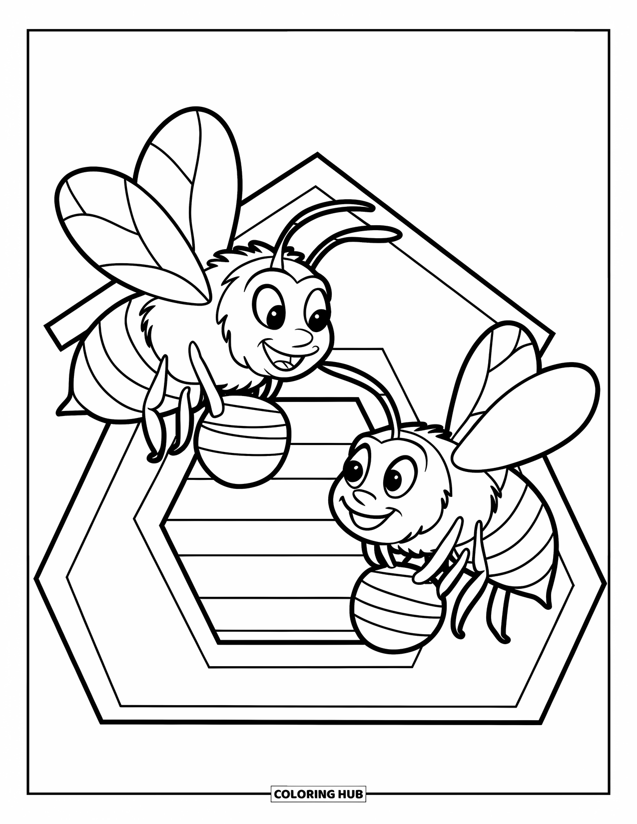 Bee Coloring Page for Kids: Bees with cheerful grins fly into a hexagon-shaped hive