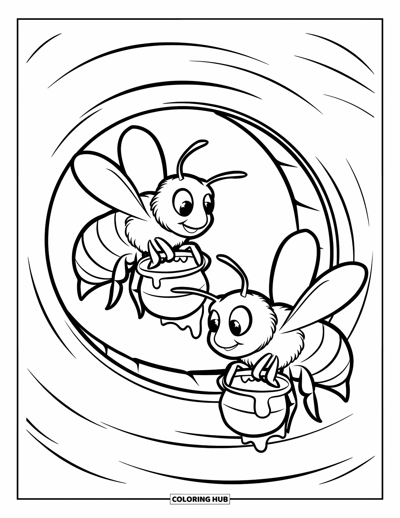 Bee Coloring Page for Kids: Bees with honey pots buzz toward a round hive opening