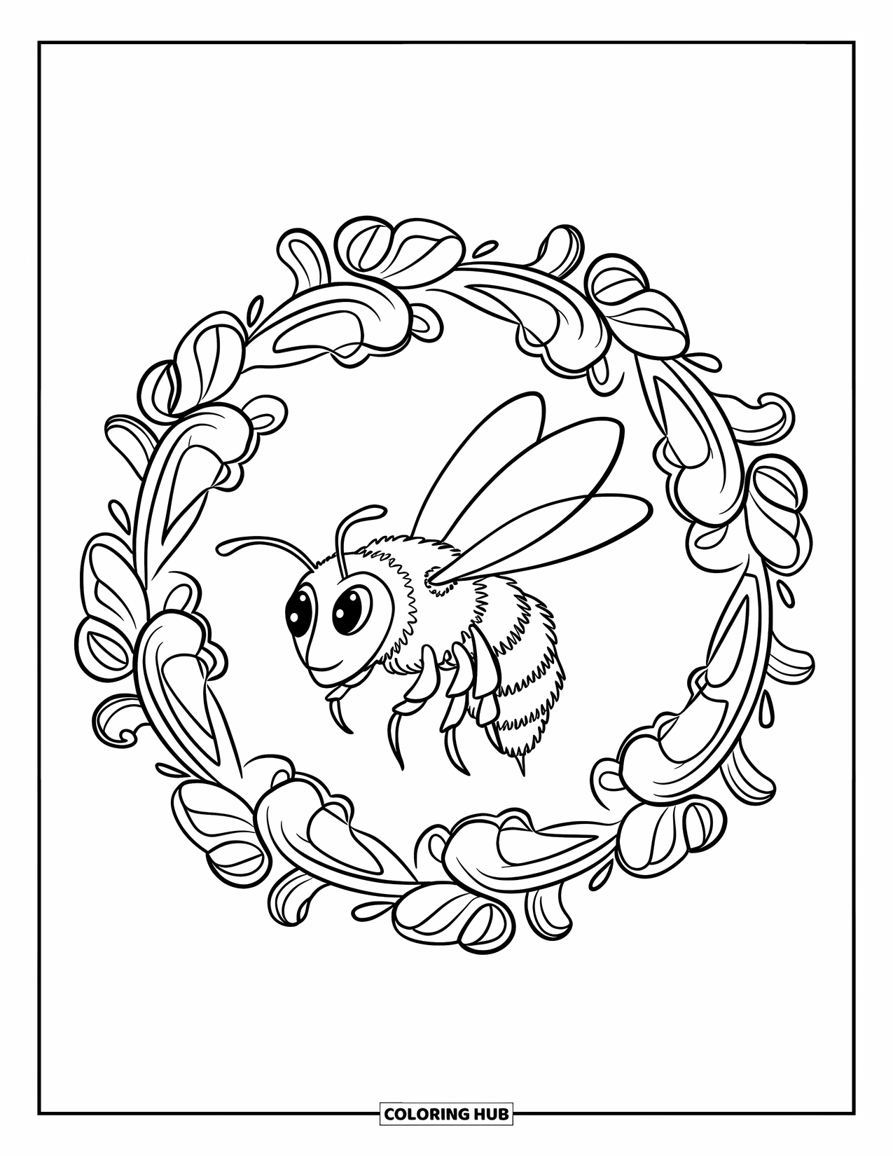 Bee Coloring Page for Kids: Flying bee moves through a fancy flower ring in bold outlines