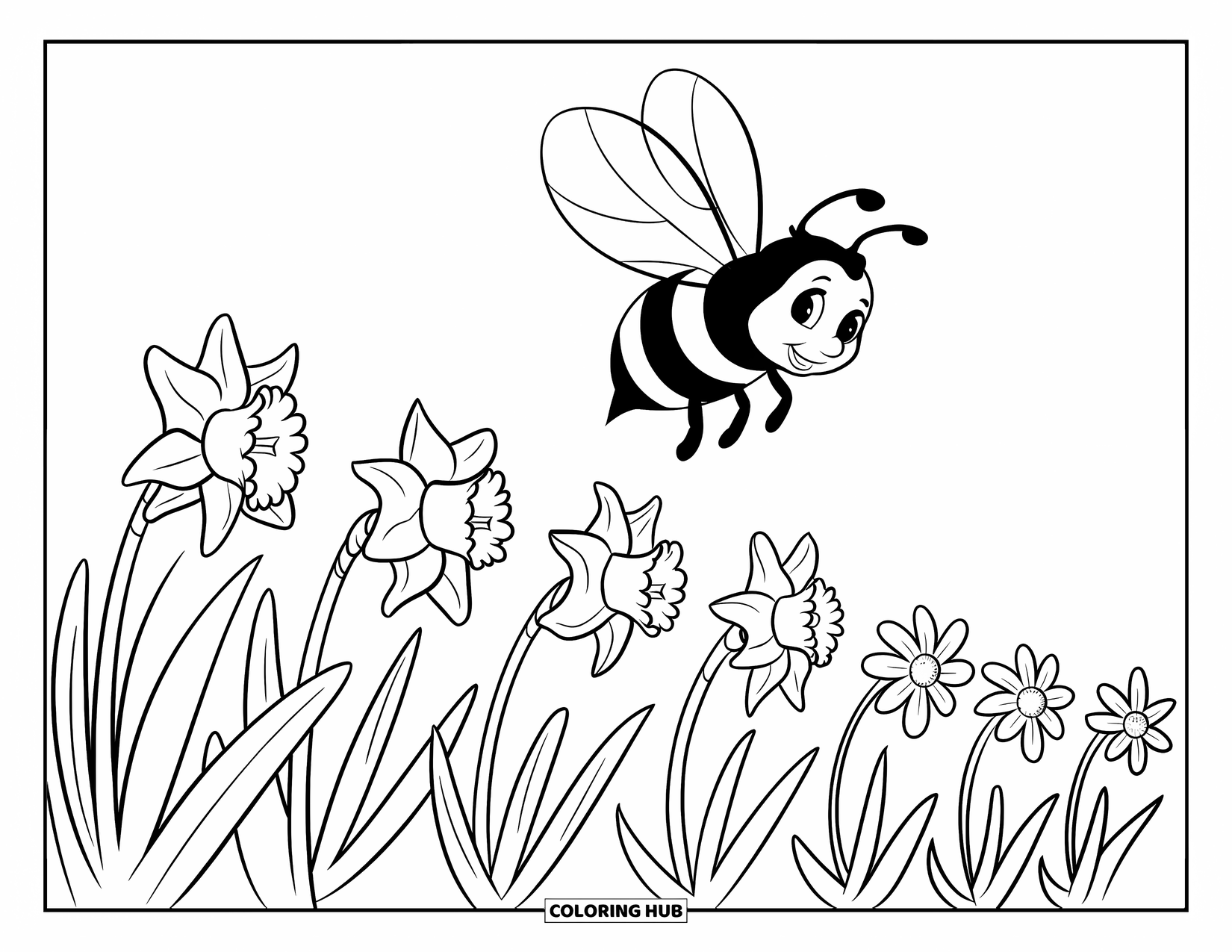 Bee Coloring Page for Kids: Smiling bee with a tiny hat flies over a neat row of cheerful flowers