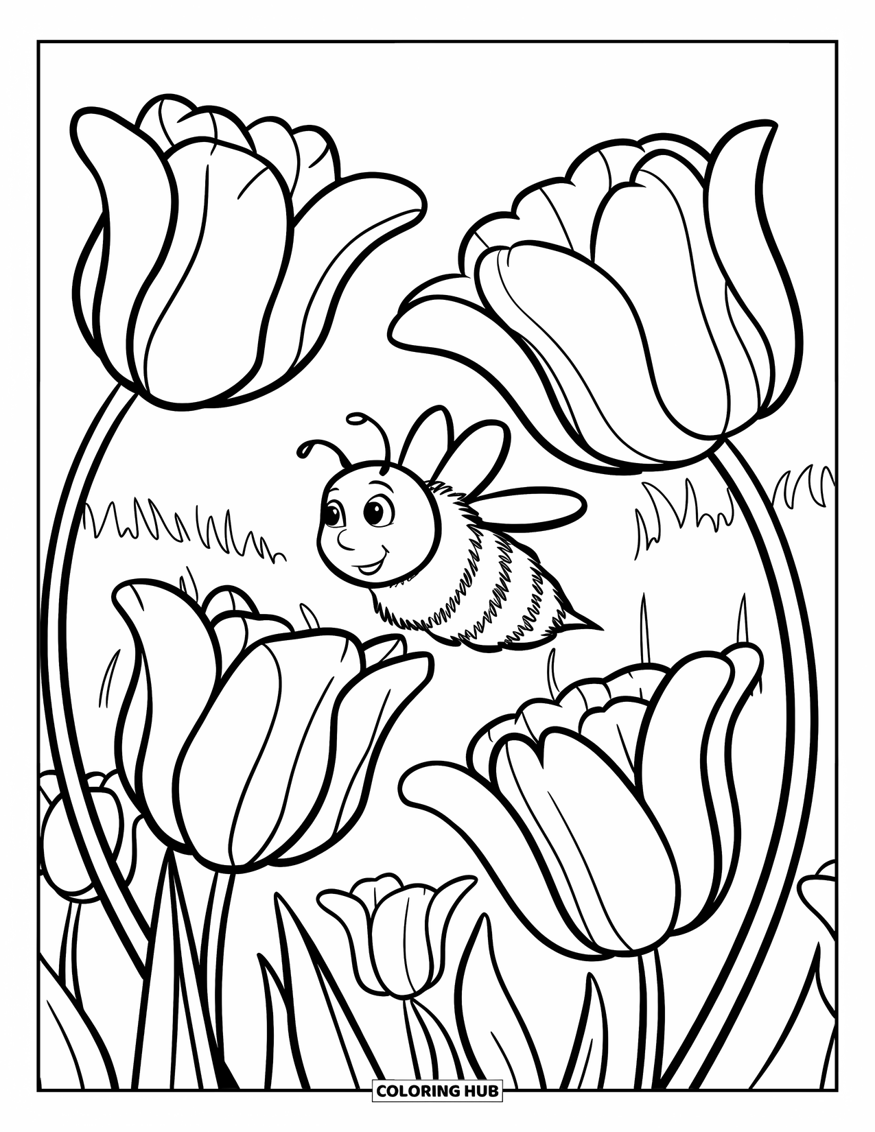 Bee Coloring Page for Kids: Smiling bee with big wings loops around blooming tulips