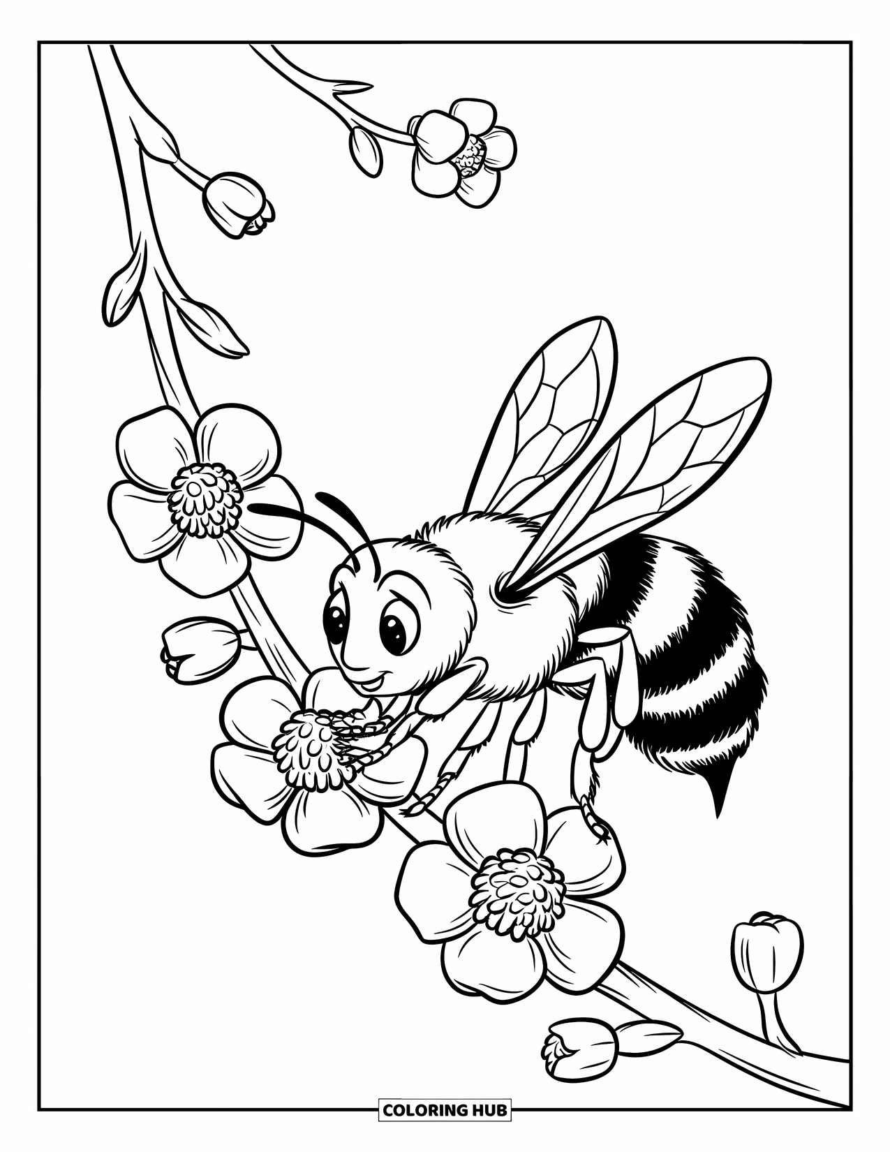 Bee Coloring Page for Kids: Striped bee hovers near bold tree flowers with a clean background
