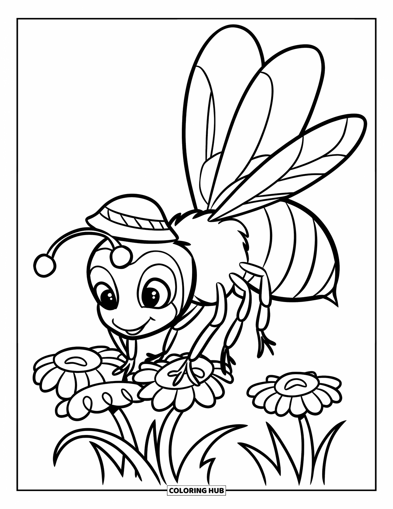 Bee Coloring Page for Kids: Striped bee with a small hat collects nectar from simple flowers